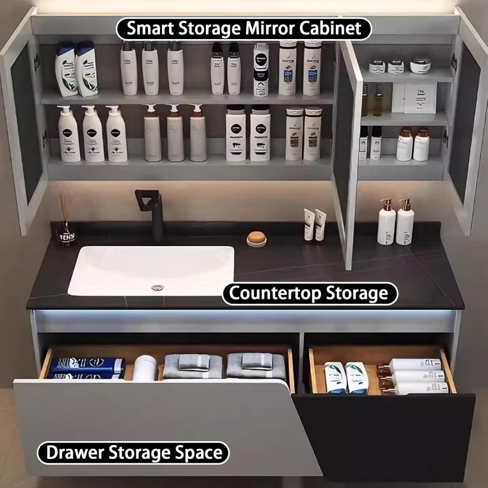 60IN Bathroom Vanity - Modern Bathroom Vanity with Sink & Smart Defogging Mirror, Stylish Sink Cabinet with 2 Drawers and Sensor Lights, No Assembly Required, Black