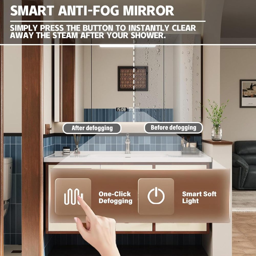 52IN Modern Solid Wood Bathroom Vanity with Sink - Floating Vanity Cabinet, Intelligent Defogging Mirror, One-Piece Stone Sink, Spacious Storage, Waterproof & Customizable Sizes, Mirror C