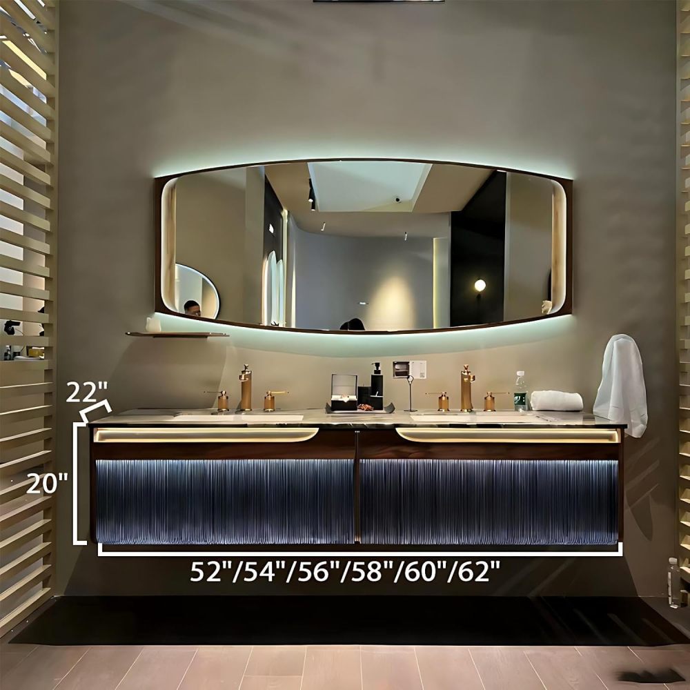56IN Bathroom Vanity with Sink - Double Floating Sink with Smart Defog Mirror, Solid Wood Bathroom Vanity Cabinet, Large Storage Space, Custom Sizes - Complete Accessories, Brown