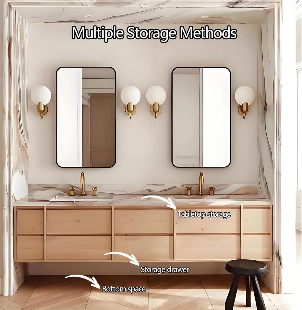 104IN Rustic Bathroom Vanity with Sink - Double Floating Sink Design, Freestanding Bathroom Vanity Cabinet with Adequate Storage Space, Multi-Layer Solid Wood - Easy to Install, Beige