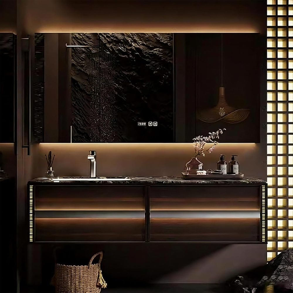 40IN Bathroom Vanity - Solid Wood Bathroom Vanity with Sink & Smart Sensor Lights, Floating Sink Cabinet with 2 Drawers and Smart Defogging Mirror, No Assembly Required, Mirror A