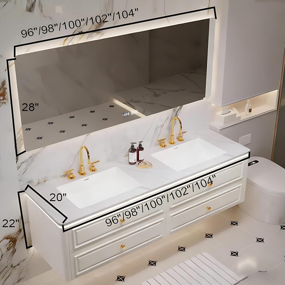 100IN Bathroom Vanity with Sink - Double Bathroom Sink Cabinet with Drawers&Smart Anti-Fog Mirror, Floating Vanity, Multi-Layer Solid Wood, Customizable - Complete Accessories, Mirror