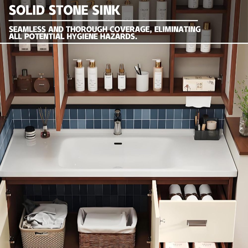 52IN Modern Solid Wood Bathroom Vanity with Sink - Floating Vanity Cabinet, Intelligent Defogging Mirror, One-Piece Stone Sink, Spacious Storage, Waterproof & Customizable Sizes, Mirror C
