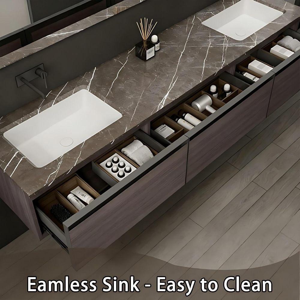 52IN Double Sink Bathroom Vanity - Solid Wood Bathroom Vanity with Smart Defog Mirror, One-Touch Defog & Lighting, Modern Sink Cabinet with 3 Drawers, No Assembly Required