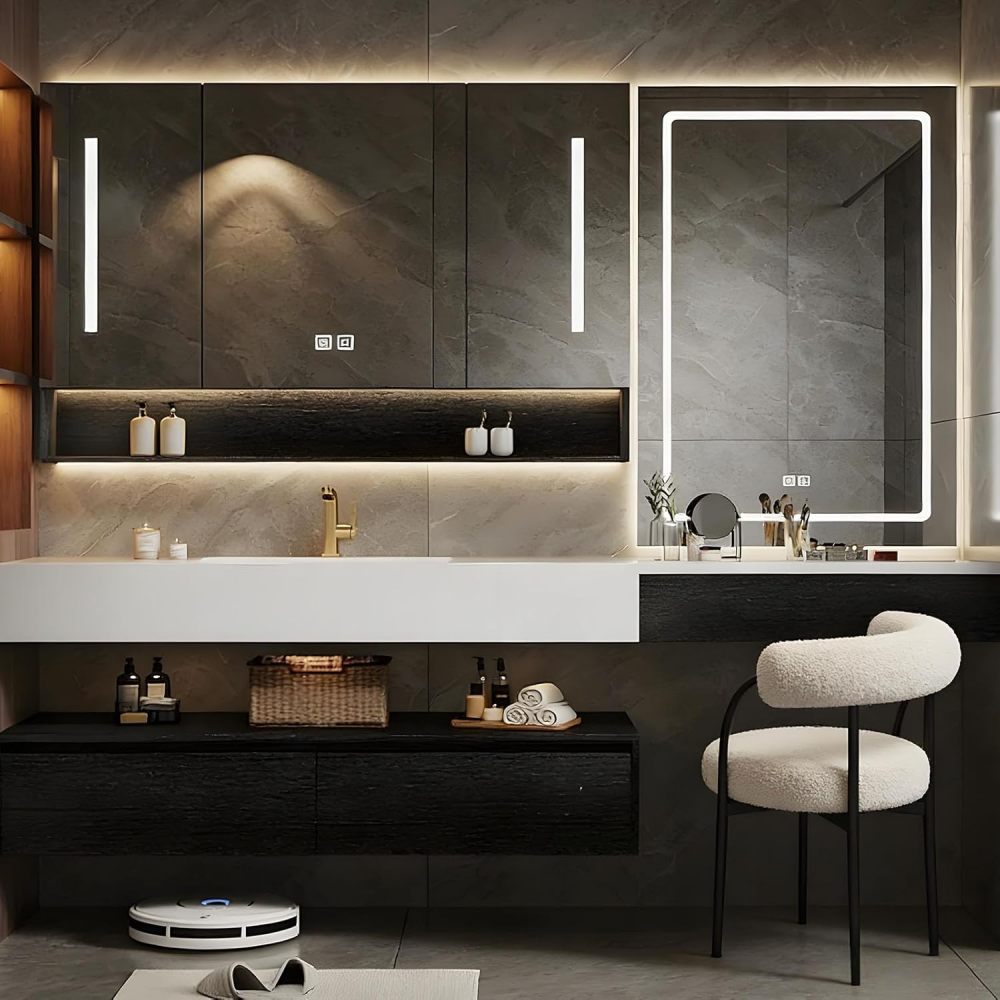 86IN Bathroom Vanity with Sink - Floating Bathroom Vanity with Smart Defog Mirror & Makeup Vanity, Modern Sink Cabinet with Storage, Includes Makeup Stool, No Assembly Required, Black