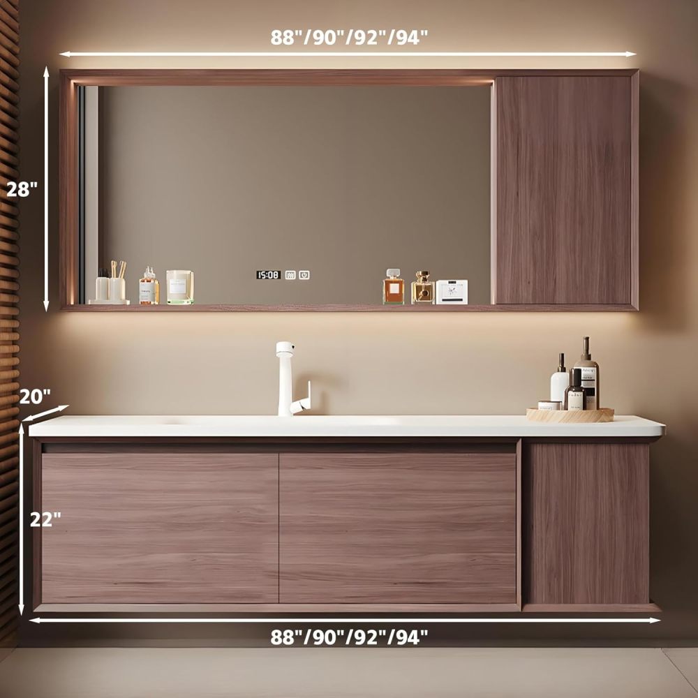 92IN Solid Wood Bathroom Vanity with Sink - Retro Bathroom Vanity Cabinet with Smart Defog Mirror, Floating Wall-Mount Design, Waterproof, Ample Storage for Bathroom, Brown