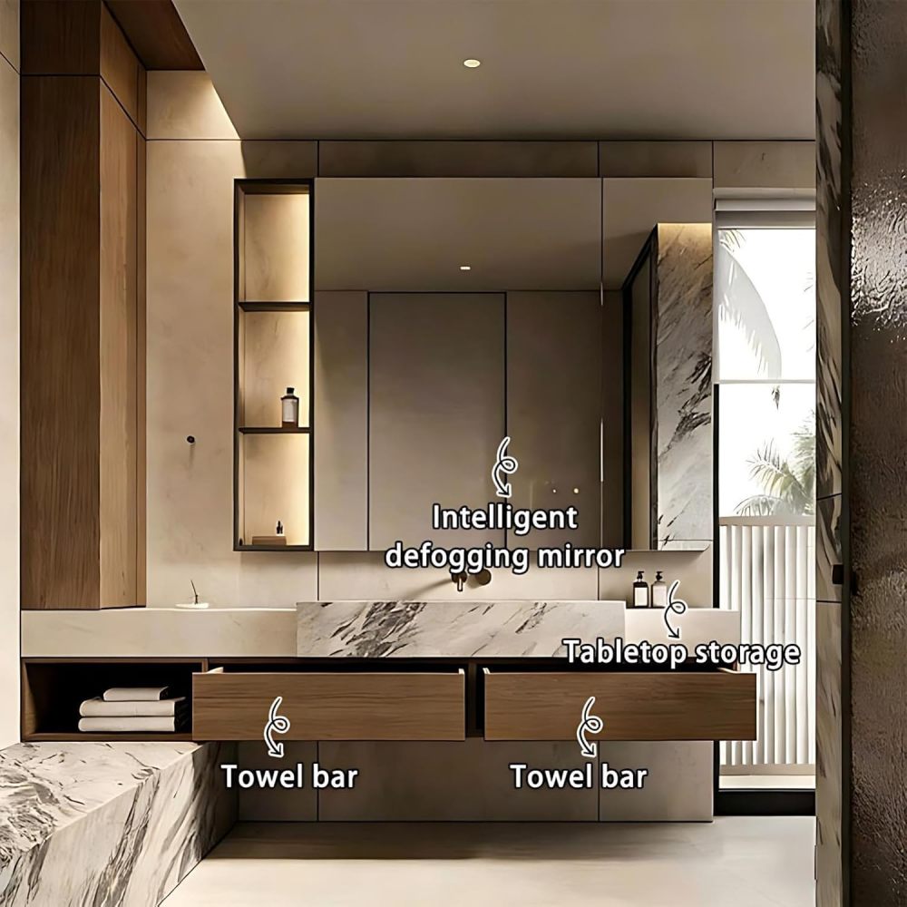 54IN Bathroom Vanity - Luxury Bathroom Vanity with Anti-Fog Mirror Cabinet, Solid Wood Bathroom Sink Cabinet with Multiple Storage Areas, No Assembly Required, Wood - Mirror Cabinet