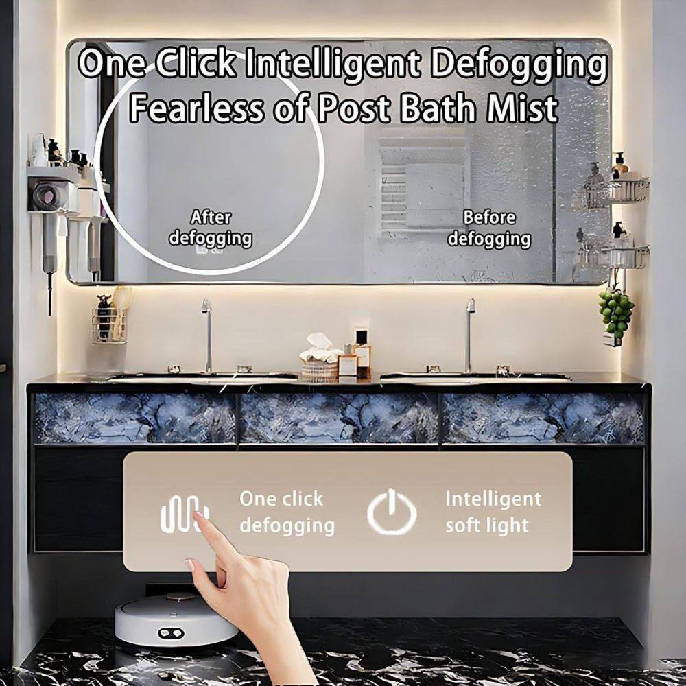 96IN Double Sink Bathroom Vanity - Modern Bathroom Vanity with Smart Defog Mirror & 3 Drawers, Floating Sink Cabinet, No Assembly Required, Black-Mirror