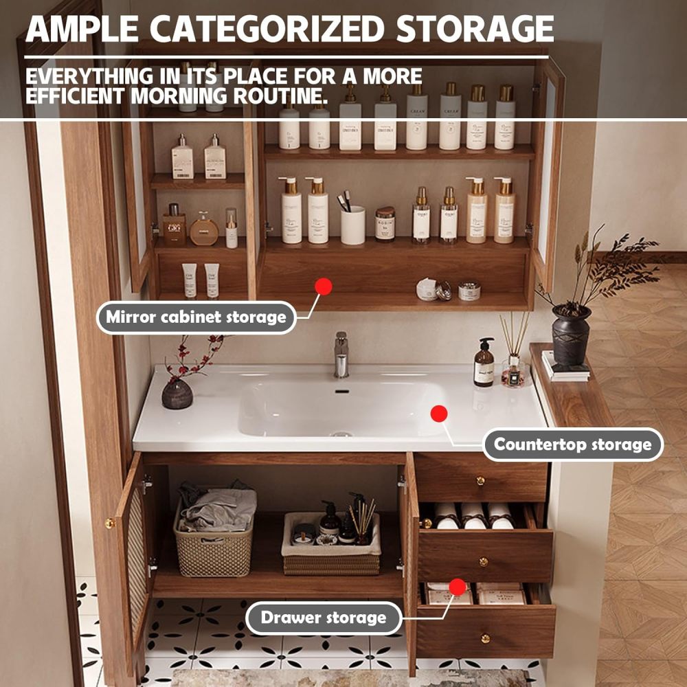 96IN Modern Bathroom Vanity with Sink - Solid Wood Bathroom Vanity Cabinet with Smart Anti-Fog Mirror & Integrated Stone Sink, Waterproof, Spacious Storage - Customizable Sizes, Mirror Cabinet