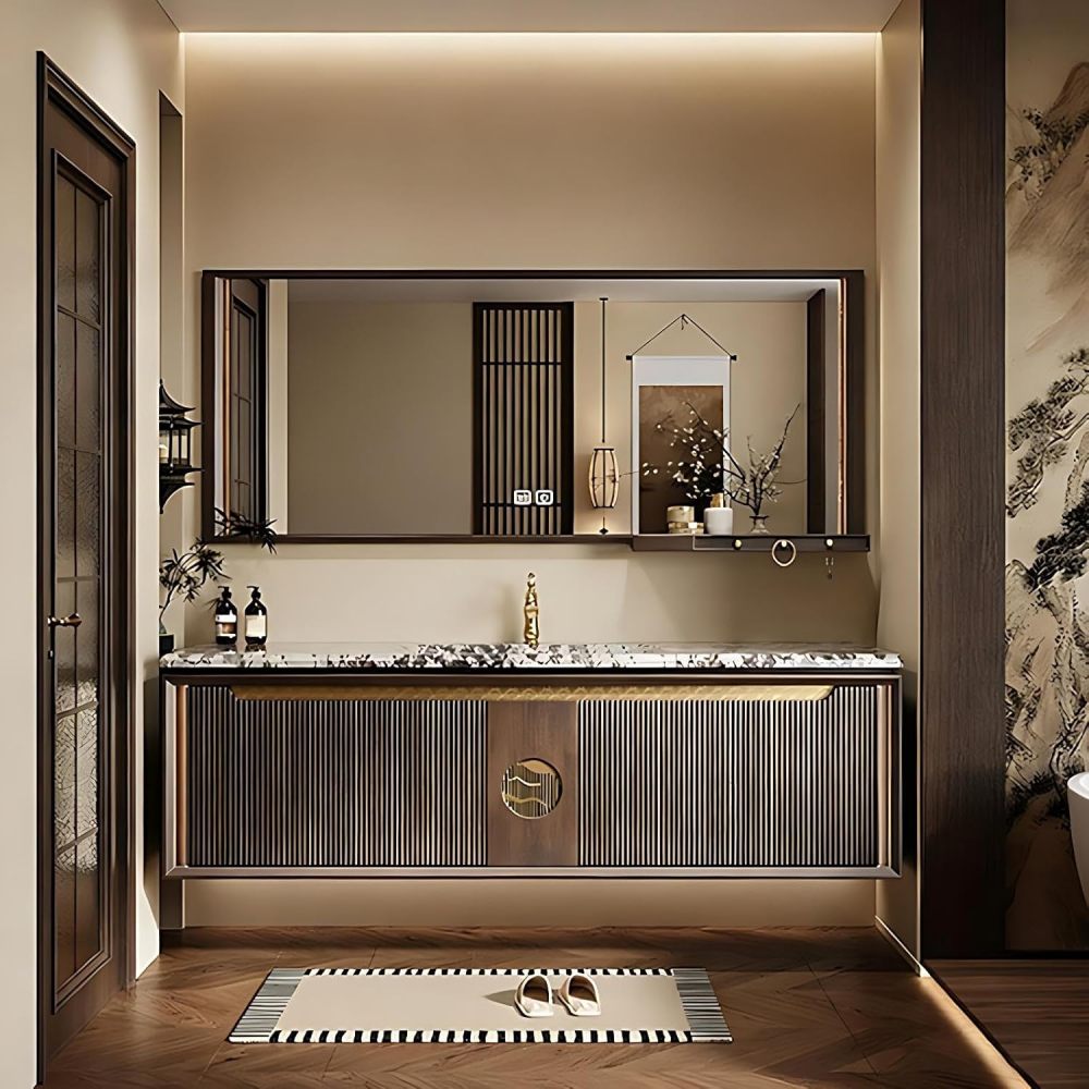104IN Bathroom Vanity - Solid Wood Bathroom Vanity with Smart Defog Mirror, Floating Sink Cabinet with 2 Large Capacity Drawers & Door, Complete Accessories, No Assembly Required, Mirror