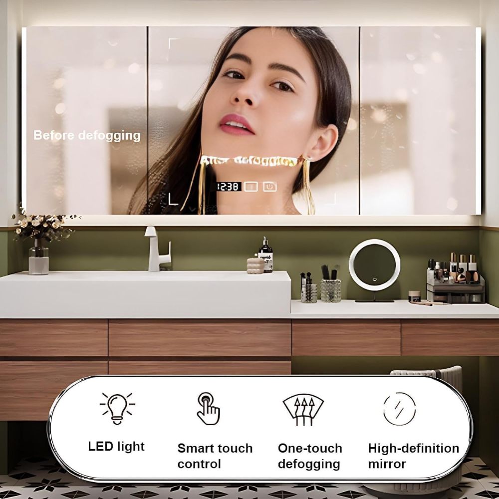 Bathroom Vanity with Sink - Floating Bathroom Vanity with Smart Anti Fog Mirror, Elegant Sink Cabinet with Multifunctional Storage, Includes Makeup Stool (48IN,Black-B)