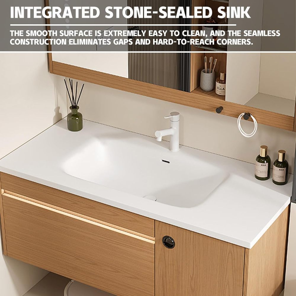 86IN Retro Solid Wood Bathroom Vanity with Sink - Modern Wall-Mounted Floating Vanity Cabinet with Smart Anti-Fog Mirror, Integrated Stone Sink, Multi-Storage for Bathroom, Gray