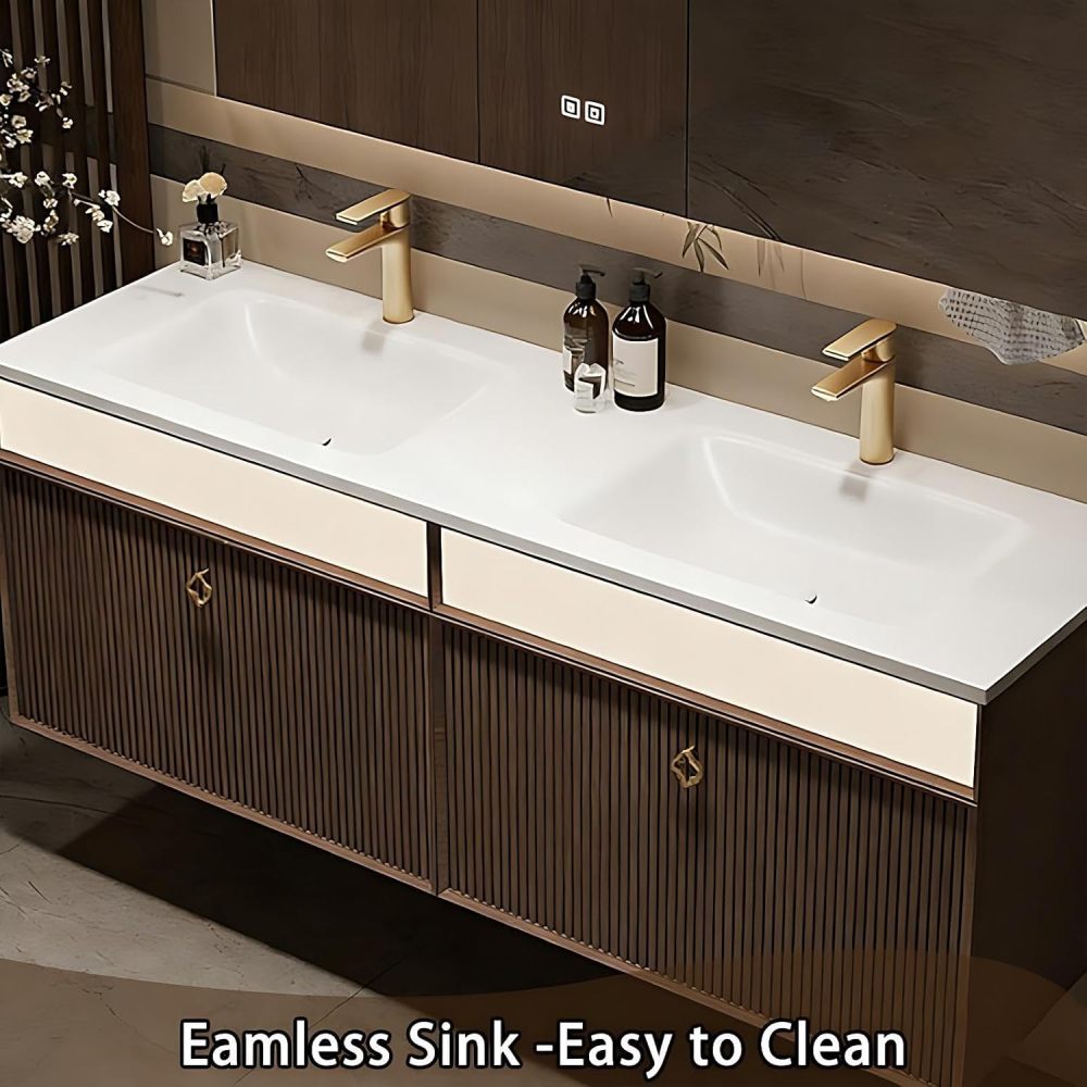 88IN Double Sink Bathroom Vanity - Modern Bathroom Vanity with Smart Defog Mirror & 2 Large Capacity Drawers, Floating Sink Cabinet with Seamless Sink, No Assembly Required, Mirror Cabinet