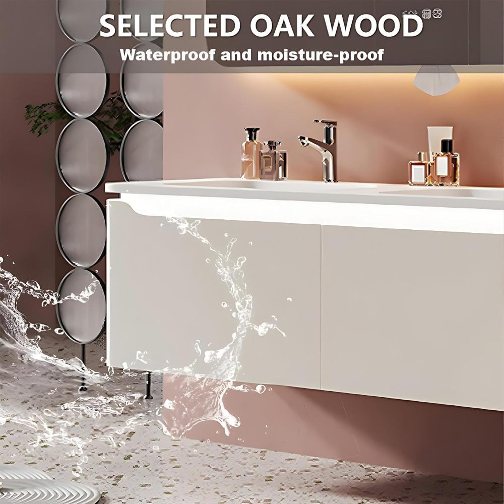 98IN Luxury Bathroom Vanity with Sink - Bathroom Vanity Cabinet with Storage, Double Floating Sink Design, Intelligent Defogging, Waterproof, Customizable Sizes - Easy to Install, White