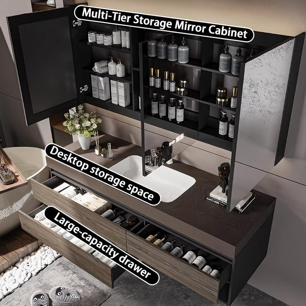 94IN Bathroom Vanity - Solid Wood Bathroom Vanity Set with Smart Defog Mirror, Anti-Fog Technology & LED Light, Floating Sink with Multiple Storage Area, No Assembly Required, Wood