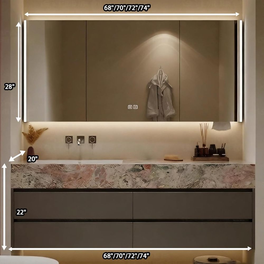 68IN Bathroom Vanity - Solid Wood Bathroom Vanity Set with Seamless Sink & Smart Defog Mirror, Anti-Fog Technology & Light, Floating Sink with 4 Large Capacity Drawers, Gray