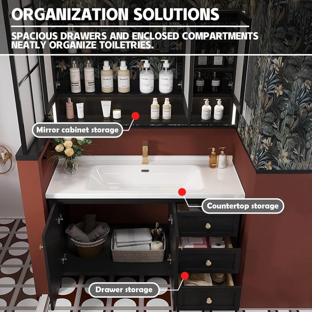 40IN Retro Bathroom Vanity with Sink - Modern Bathroom Vanity Cabinet with Smart Anti-Fog Mirror & Integrated Stone Sink, Waterproof, Multi-Layer Solid Wood for Bathroom, Mirror