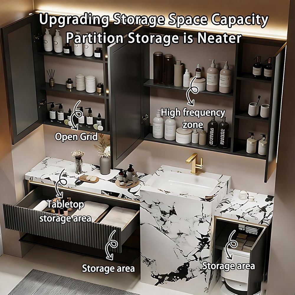 60IN Bathroom Vanity - Solid Wood Bathroom Vanity with Sink and Smart Defog Mirror, Floating Sink with Sink & Drawers and Cabinet Doors, Complete Accessories, No Assembly Required, Grey