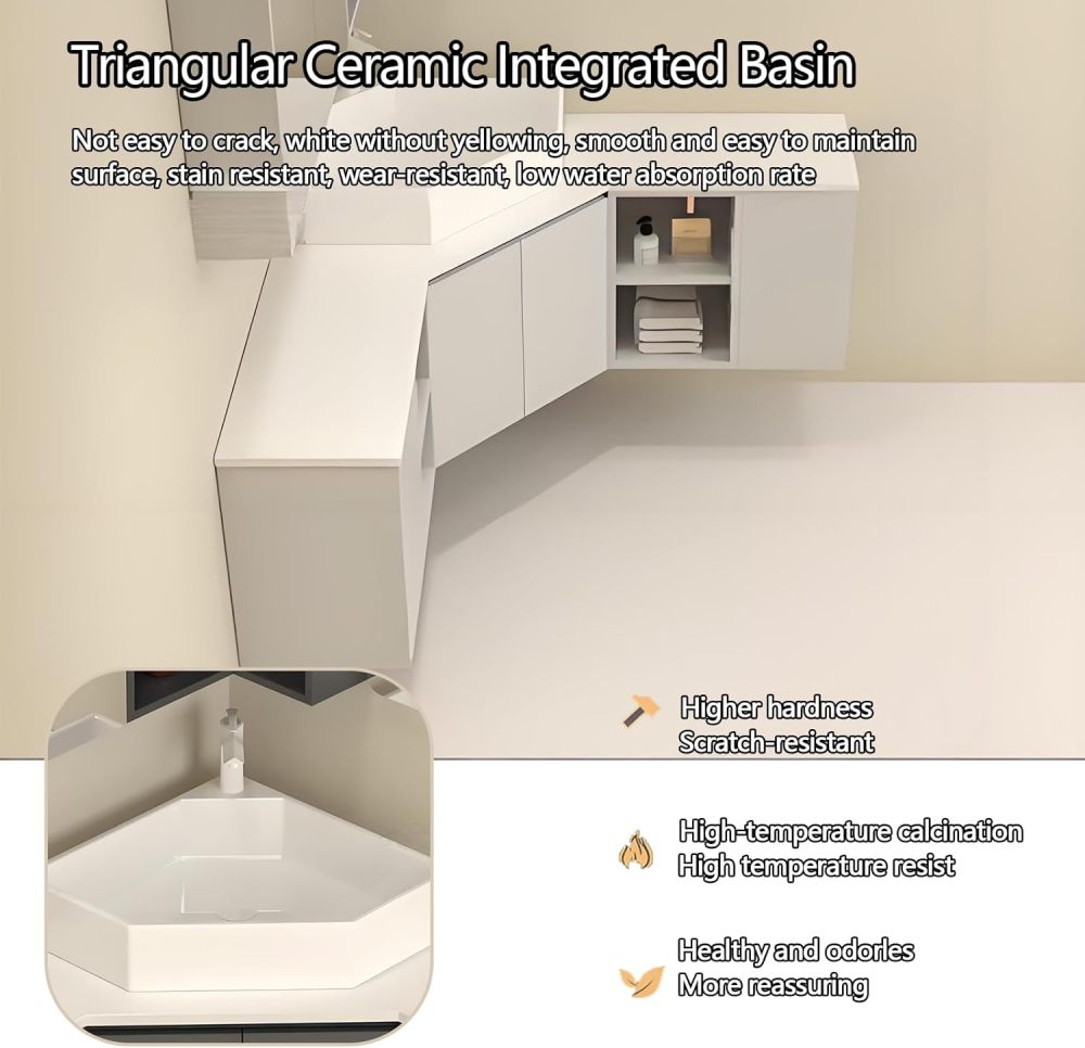 44IN Corner Bathroom Vanity with Sink - Minimalist Bathroom Vanity Cabinet with Smart Defog Mirror & Seamless Integrated Sink, Single Floating Sink - Complete Accessories, White