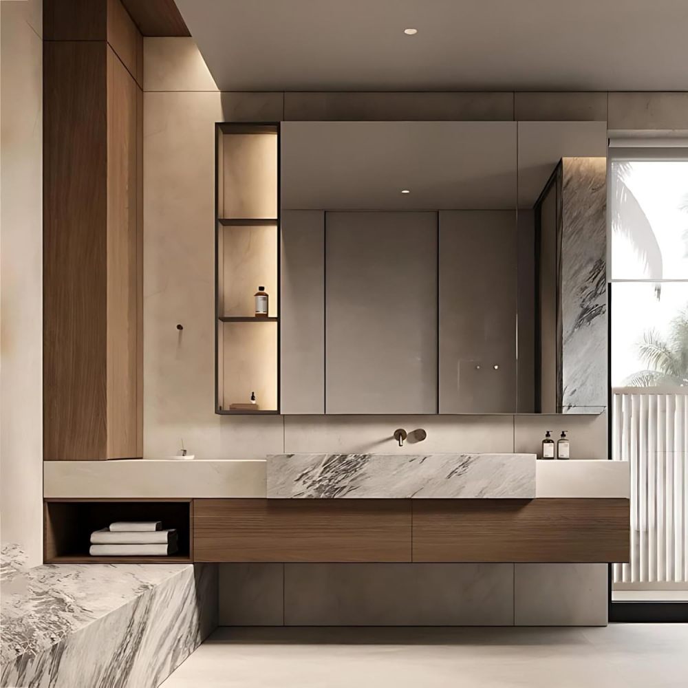 54IN Bathroom Vanity - Luxury Bathroom Vanity with Anti-Fog Mirror Cabinet, Solid Wood Bathroom Sink Cabinet with Multiple Storage Areas, No Assembly Required, Wood - Mirror Cabinet