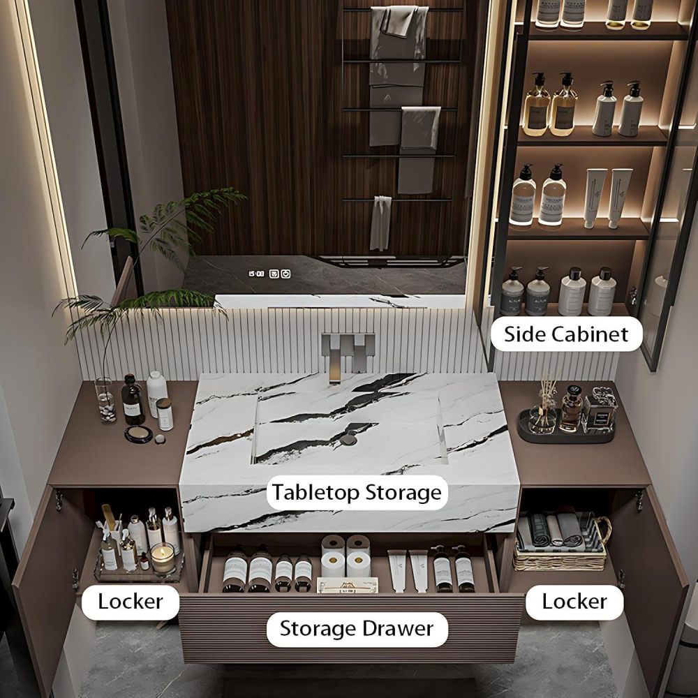 66IN Bathroom Vanity with Sink - Bathroom Sink Cabinet with Mirror, Floating Vanity, Intelligent Defogging, High Hardness, Easy to Clean, Customizable - Complete Accessories, Brown