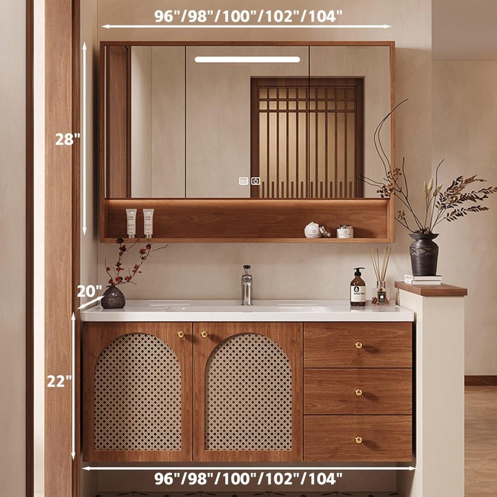 96IN Modern Bathroom Vanity with Sink - Solid Wood Bathroom Vanity Cabinet with Smart Anti-Fog Mirror & Integrated Stone Sink, Waterproof, Spacious Storage - Customizable Sizes, Mirror Cabinet