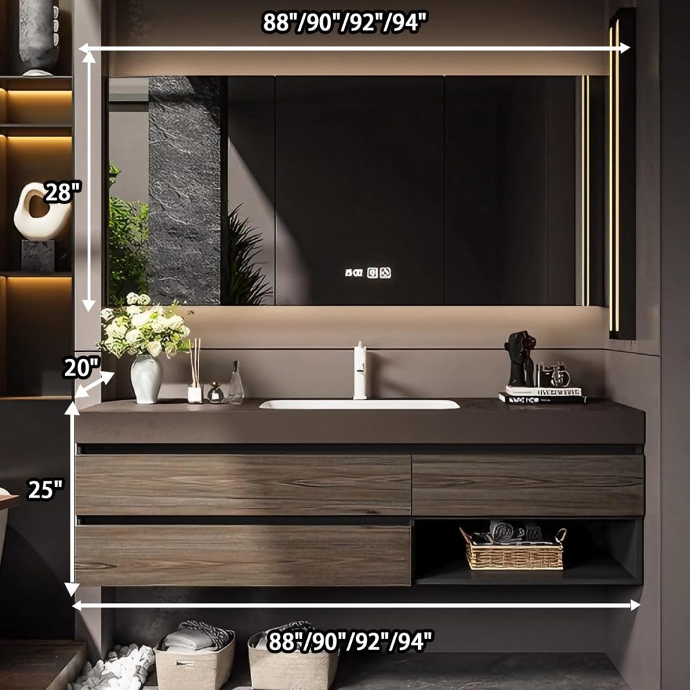 94IN Bathroom Vanity - Solid Wood Bathroom Vanity Set with Smart Defog Mirror, Anti-Fog Technology & LED Light, Floating Sink with Multiple Storage Area, No Assembly Required, Wood