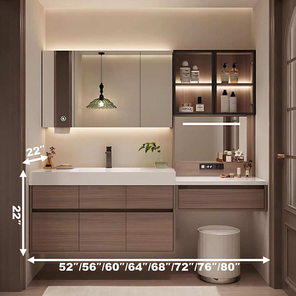 68 inch Bathroom Vanity with Sink – Wall Mounted Bathroom Cabinet with Seamless Basin, Anti-Fog Mirror, Includes Makeup Stool, Fully Assembled