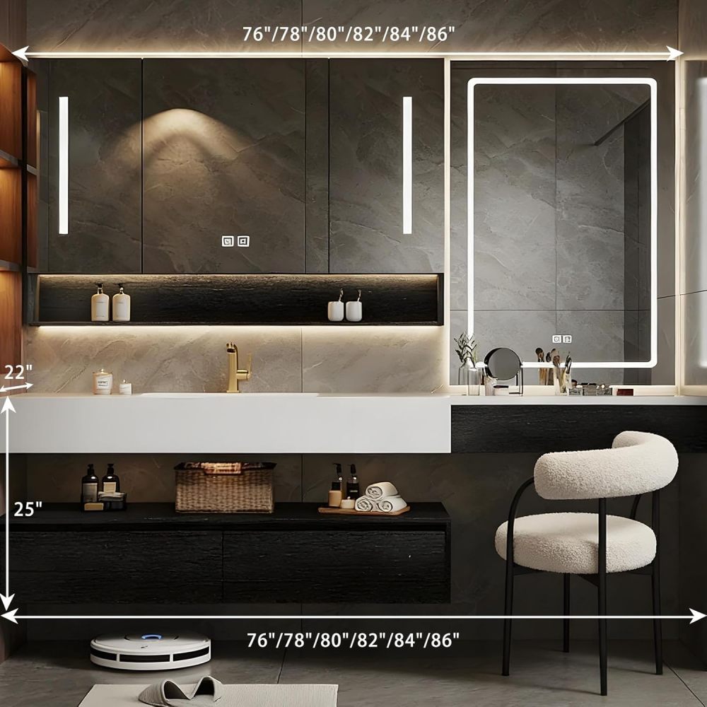 86IN Bathroom Vanity with Sink - Floating Bathroom Vanity with Smart Defog Mirror & Makeup Vanity, Modern Sink Cabinet with Storage, Includes Makeup Stool, No Assembly Required, Black