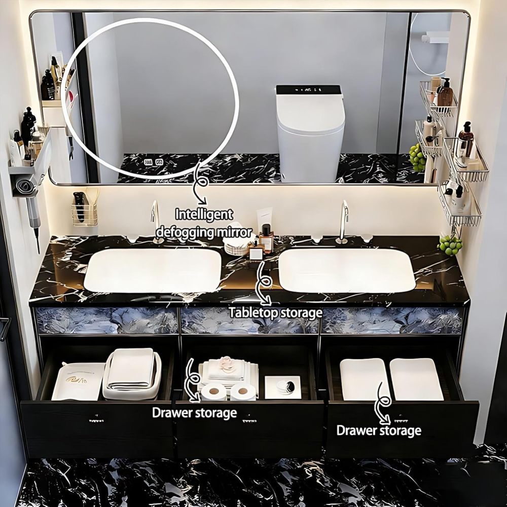 96IN Double Sink Bathroom Vanity - Modern Bathroom Vanity with Smart Defog Mirror & 3 Drawers, Floating Sink Cabinet, No Assembly Required, Black-Mirror