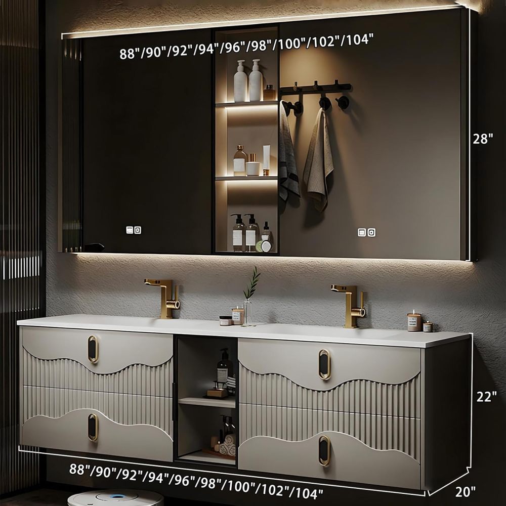 102IN Double Sink Bathroom Vanity - Modern Bathroom Vanity with Smart Defog Mirror, Floating Bathroom Sink Cabinet with 4 Drawers & Seamless Sink, No Assembly Required, Grey