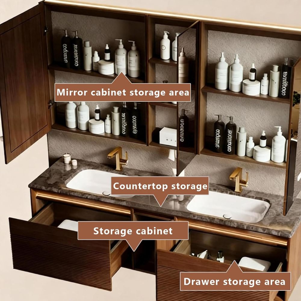 36IN Double Sink Bathroom Vanity - Modern Bathroom Vanity with Smart Defog Mirror & Seamless Sink, Solid Wood Floating Bathroom Sink Cabinet with 2 Drawers, No Assembly Required, Mirror Cabinet