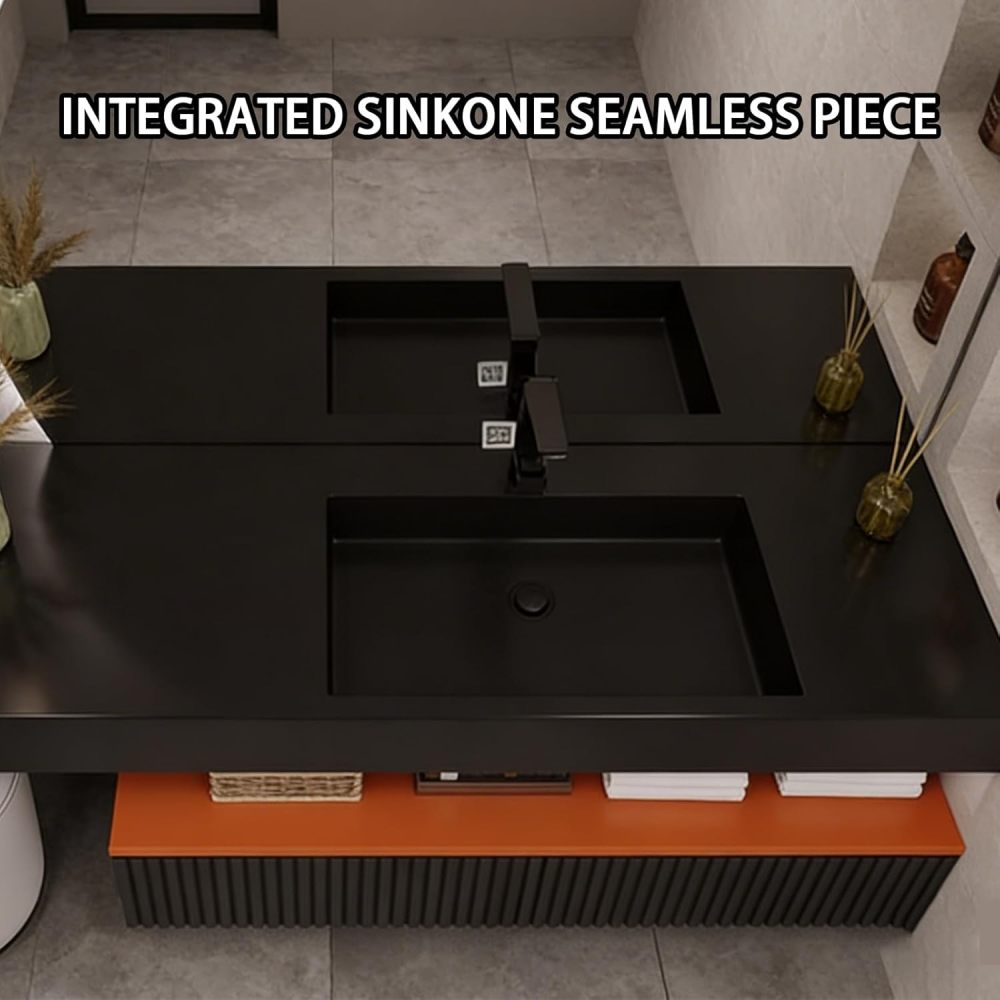 76IN Bathroom Vanity - Modern Bathroom Vanity with Sink & Smart Defog Mirror, Floating Sink Cabinet with 2 Drawers and Open Storage Space, No Assembly Required, Gray