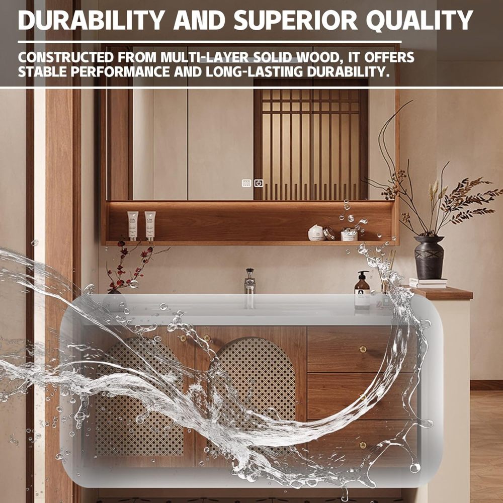 96IN Modern Bathroom Vanity with Sink - Solid Wood Bathroom Vanity Cabinet with Smart Anti-Fog Mirror & Integrated Stone Sink, Waterproof, Spacious Storage - Customizable Sizes, Mirror Cabinet