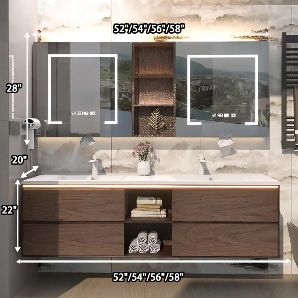 56IN Bathroom Vanity - Modern Bathroom Vanity with Sink & 4 Drawers, Solid Wood Sink Cabinet with Smart Defogging Mirror and Open Storage Space, No Assembly Required, Wood