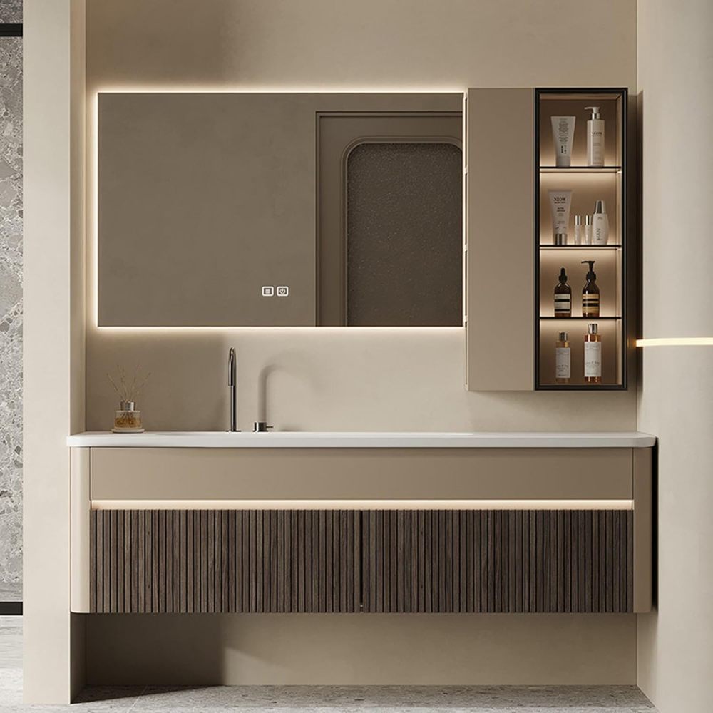 100IN Modern Solid Wood Bathroom Vanity with Sink - Bathroom Vanity Cabinet with Smart Anti-Fog Mirror, Integrated Stone Sink, Silent Drawers - Customizable Size, Brown