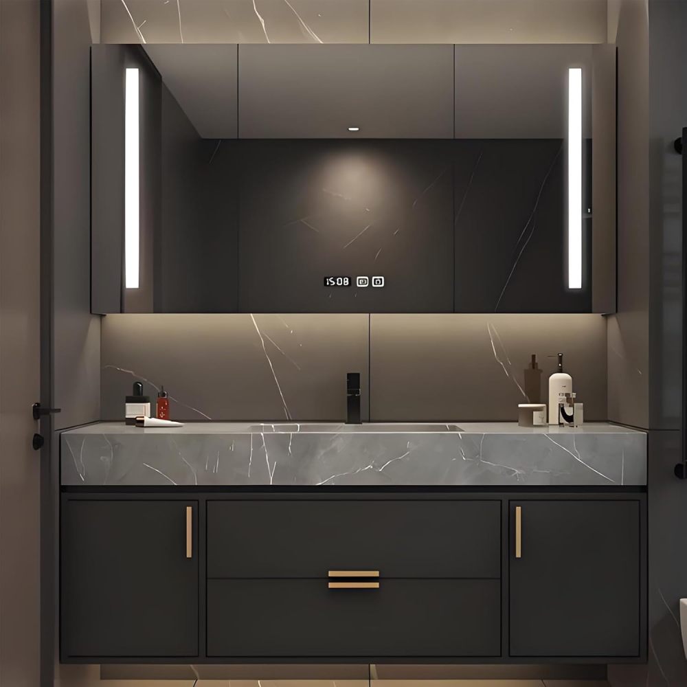 56IN Bathroom Vanity - Luxury Bathroom Vanity with Smart Defog Mirror, Floating Sink Cabinet with Drawers & Door, Complete Accessories, No Assembly Required, Gray