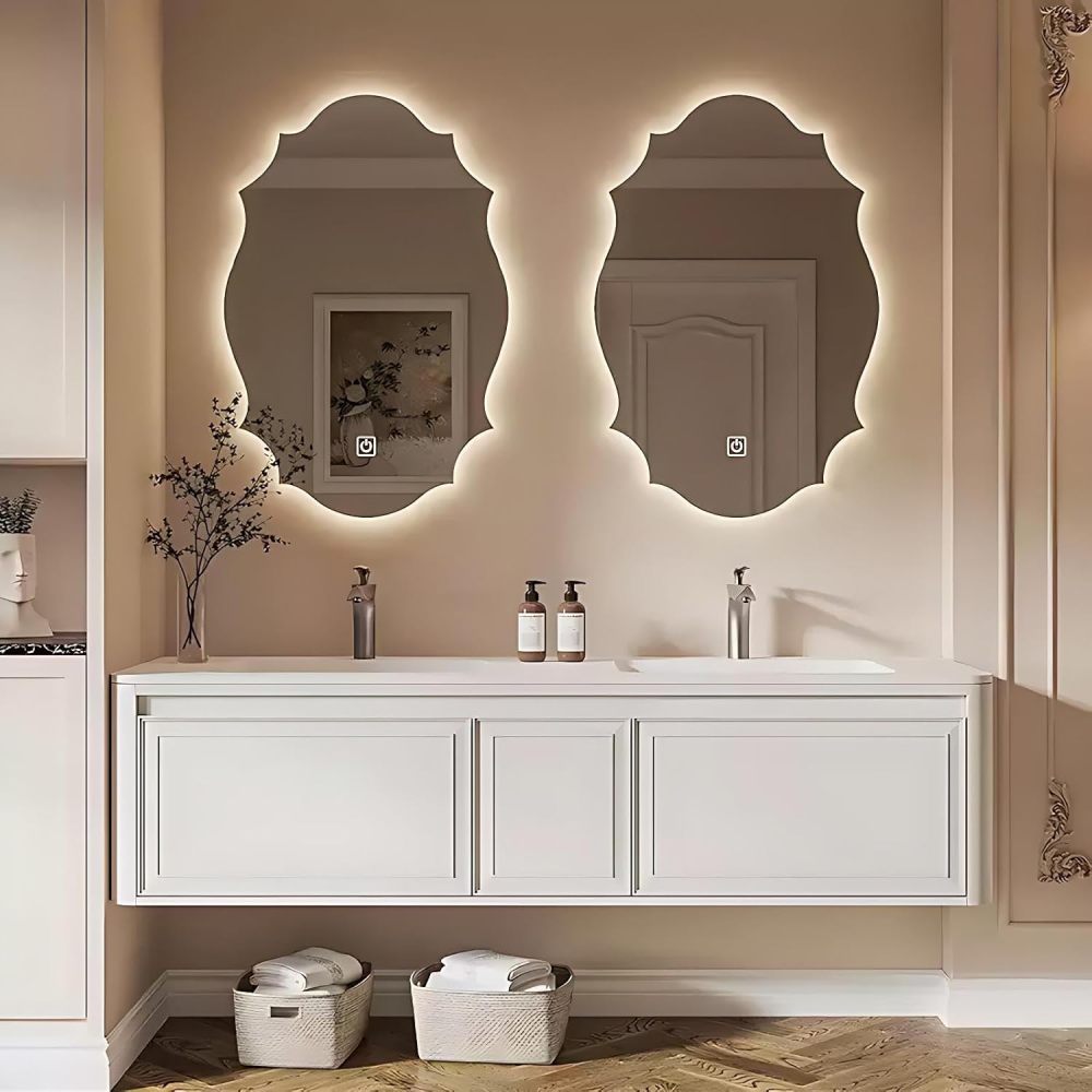 78IN Bathroom Vanity with Sink - Bathroom Vanity Cabinet with Intelligent Defogging Mirror, Double Floating Sink Design, Solid Wood, Customizable Size - Complete Accessories, White