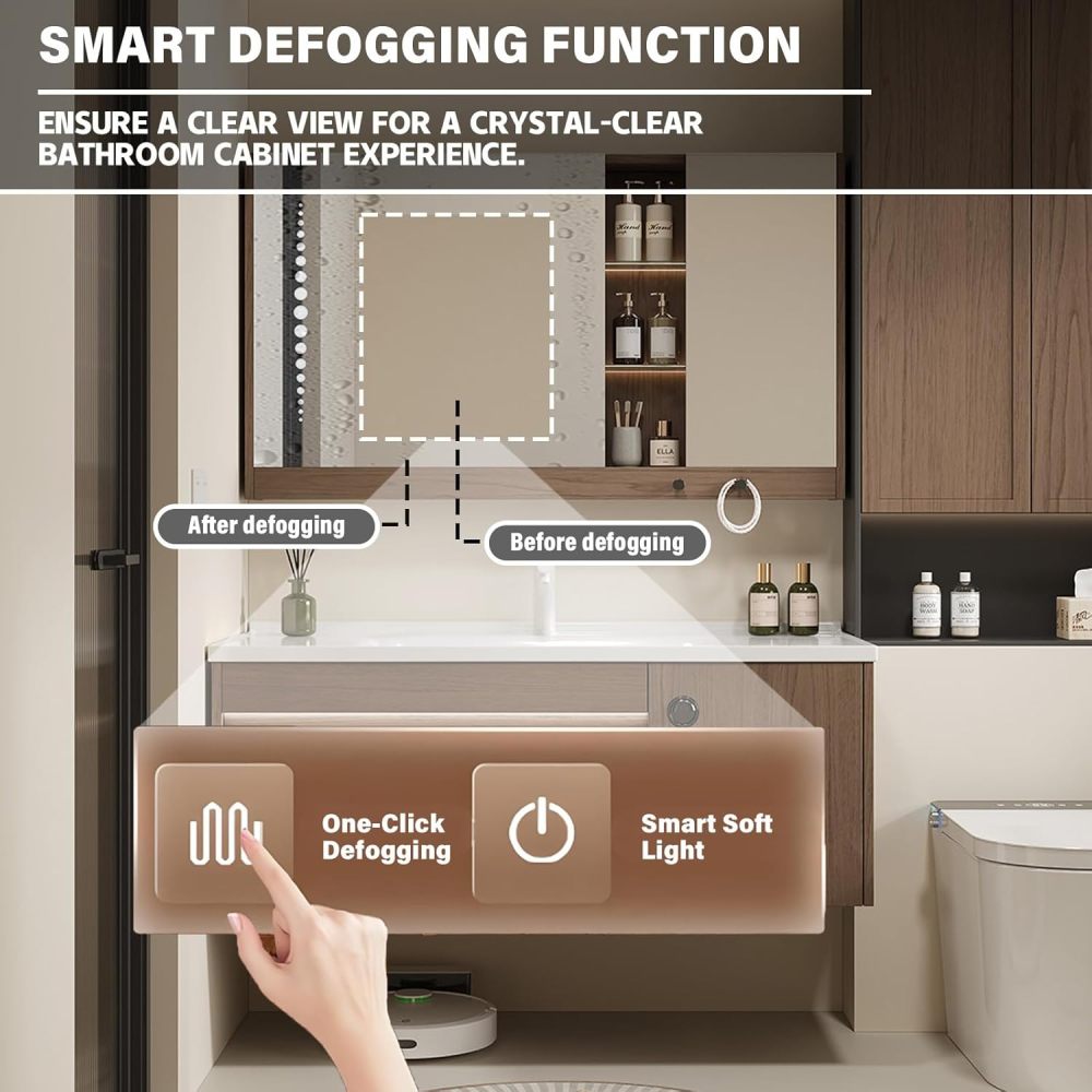86IN Retro Solid Wood Bathroom Vanity with Sink - Modern Wall-Mounted Floating Vanity Cabinet with Smart Anti-Fog Mirror, Integrated Stone Sink, Multi-Storage for Bathroom, Gray