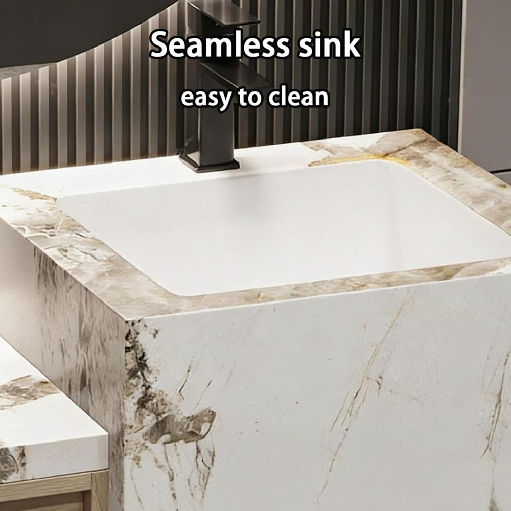 74IN Bathroom Vanity - Modern Bathroom Vanity with Smart Defog Mirror & 2 Drawers, One-Touch Defog, Floating Sink Cabinet with Seamless Sink, No Assembly Required, Black