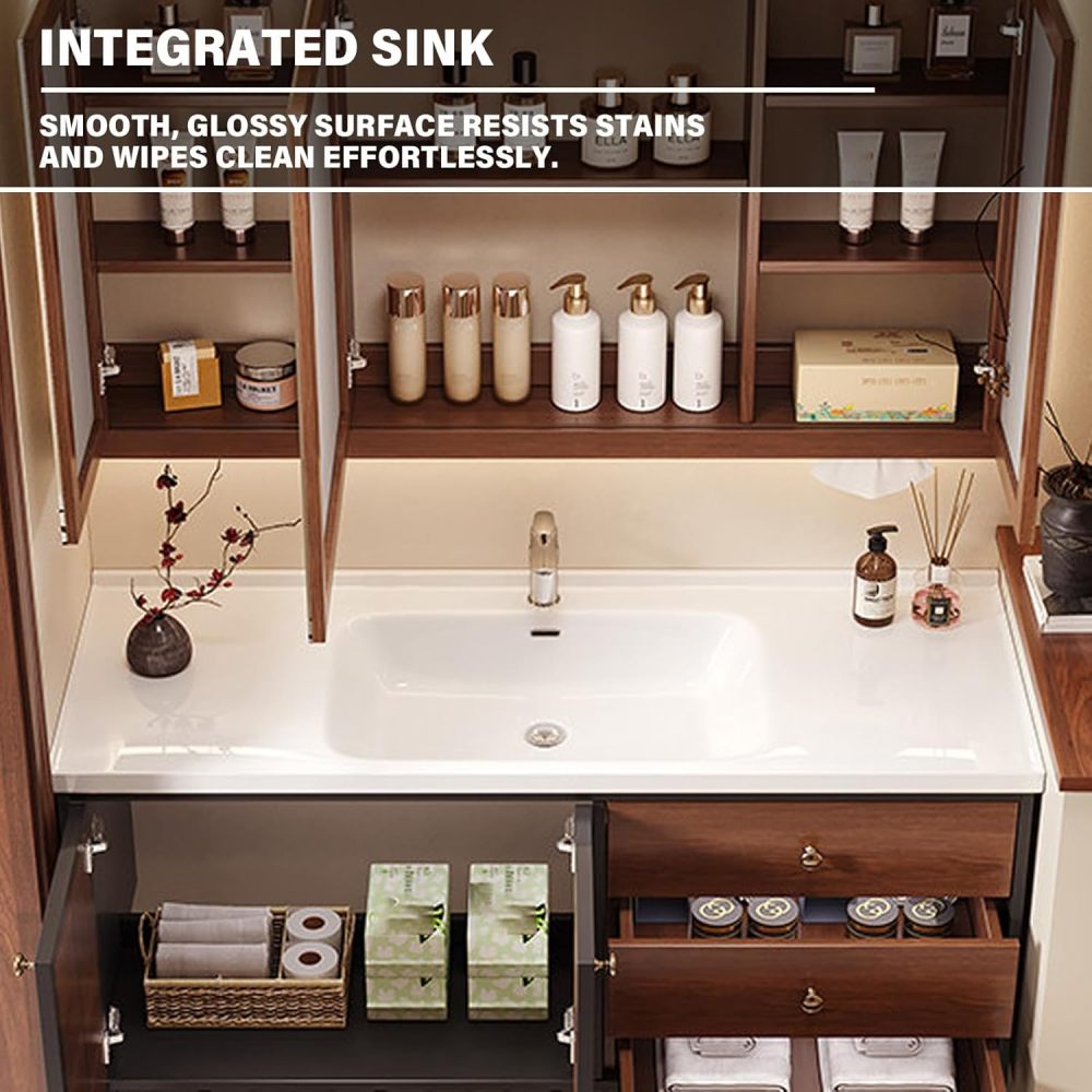 68IN Wood Bathroom Vanity with Sink - Single Floating Sink Design, Solid Wood Bathroom Vanity Cabinet with Anti-Fog Smart Mirror & Roomly Storage - Customizable Sizes, Mirror A