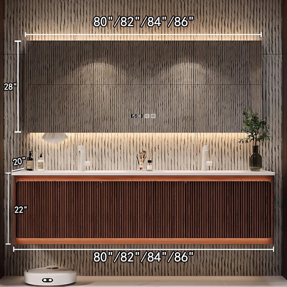 86IN Bathroom Vanity with Sink - Floating Bathroom Vanity with Sink and Smart Defog Mirror, Solid Wood Bathroom Sink Cabinet with 2 Large Drawers, No Assembly Required, Wood