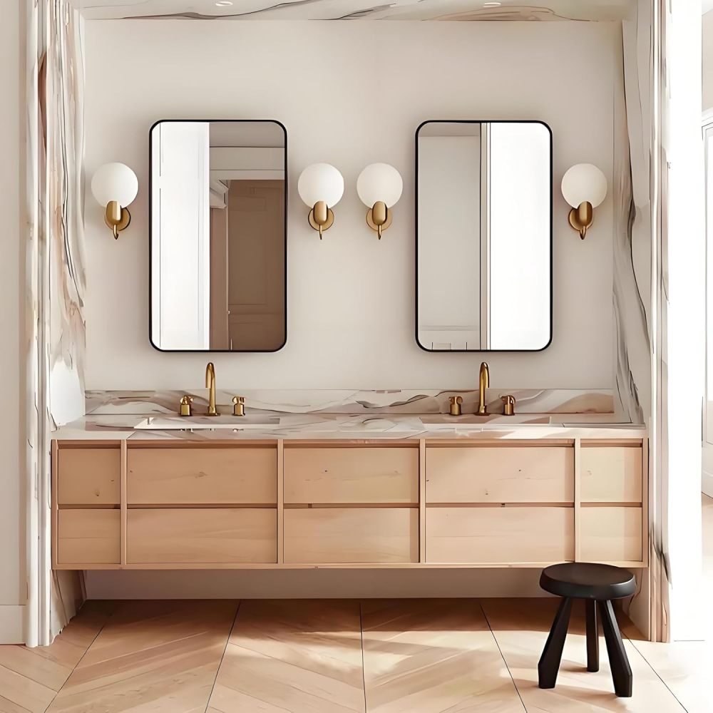 104IN Rustic Bathroom Vanity with Sink - Double Floating Sink Design, Freestanding Bathroom Vanity Cabinet with Adequate Storage Space, Multi-Layer Solid Wood - Easy to Install, Beige