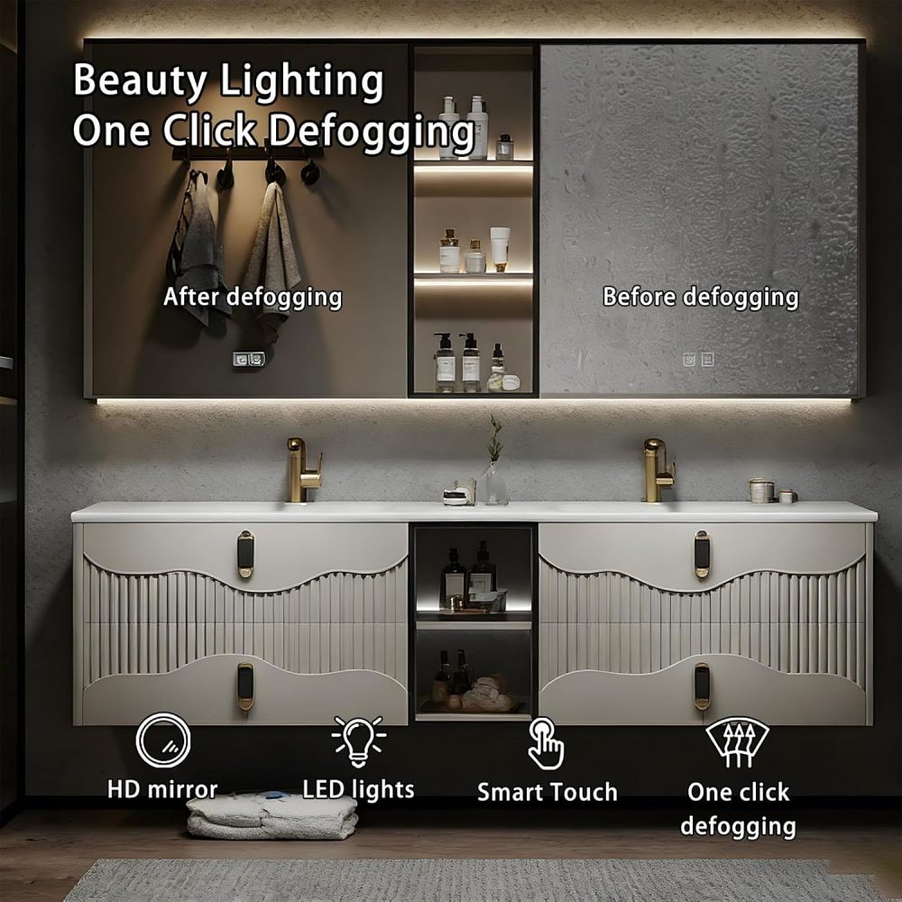 102IN Double Sink Bathroom Vanity - Modern Bathroom Vanity with Smart Defog Mirror, Floating Bathroom Sink Cabinet with 4 Drawers & Seamless Sink, No Assembly Required, Grey