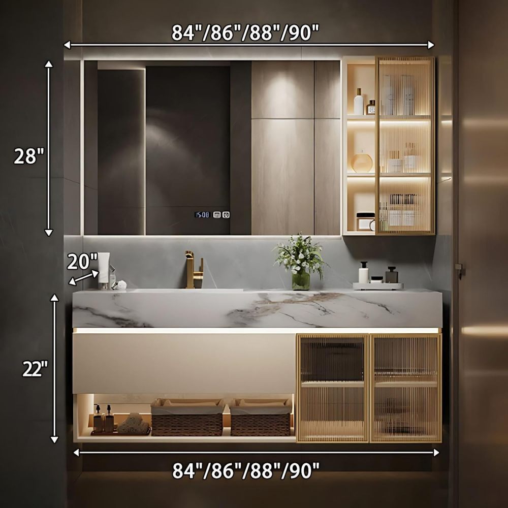 84IN Bathroom Vanity - Floating Bathroom Vanity with Smart Defog Mirror, One-Touch Defog & Lighting, Modern Sink Cabinet with Drawer & Doors, No Assembly Required, Grey