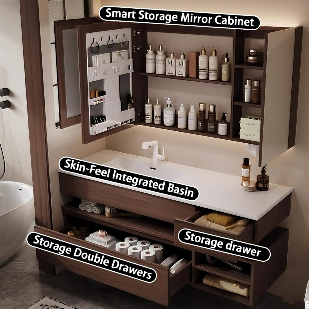 42IN Bathroom Vanity - Modern Bathroom Vanity with Seamless Sink & Multiple Storage Area, Floating Sink Cabinet with Smart Defog Mirror, No Assembly Required, Wood-A