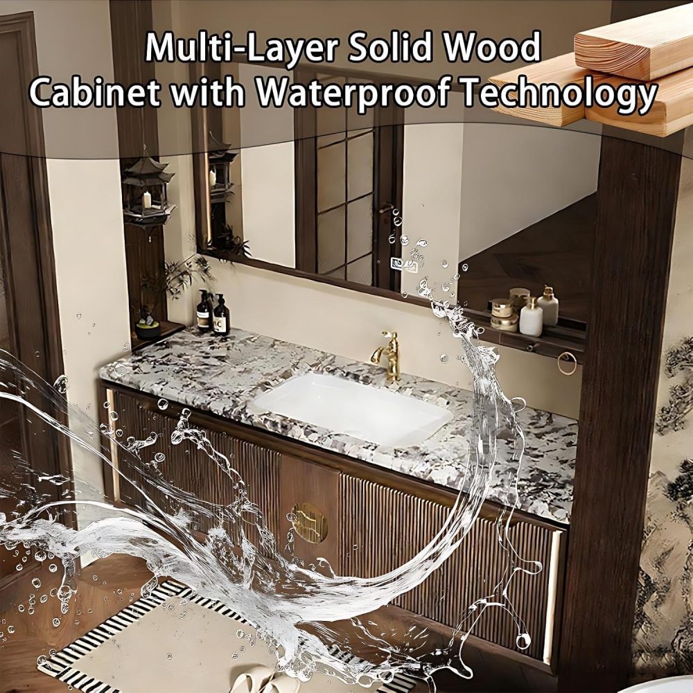104IN Bathroom Vanity - Solid Wood Bathroom Vanity with Smart Defog Mirror, Floating Sink Cabinet with 2 Large Capacity Drawers & Door, Complete Accessories, No Assembly Required, Mirror