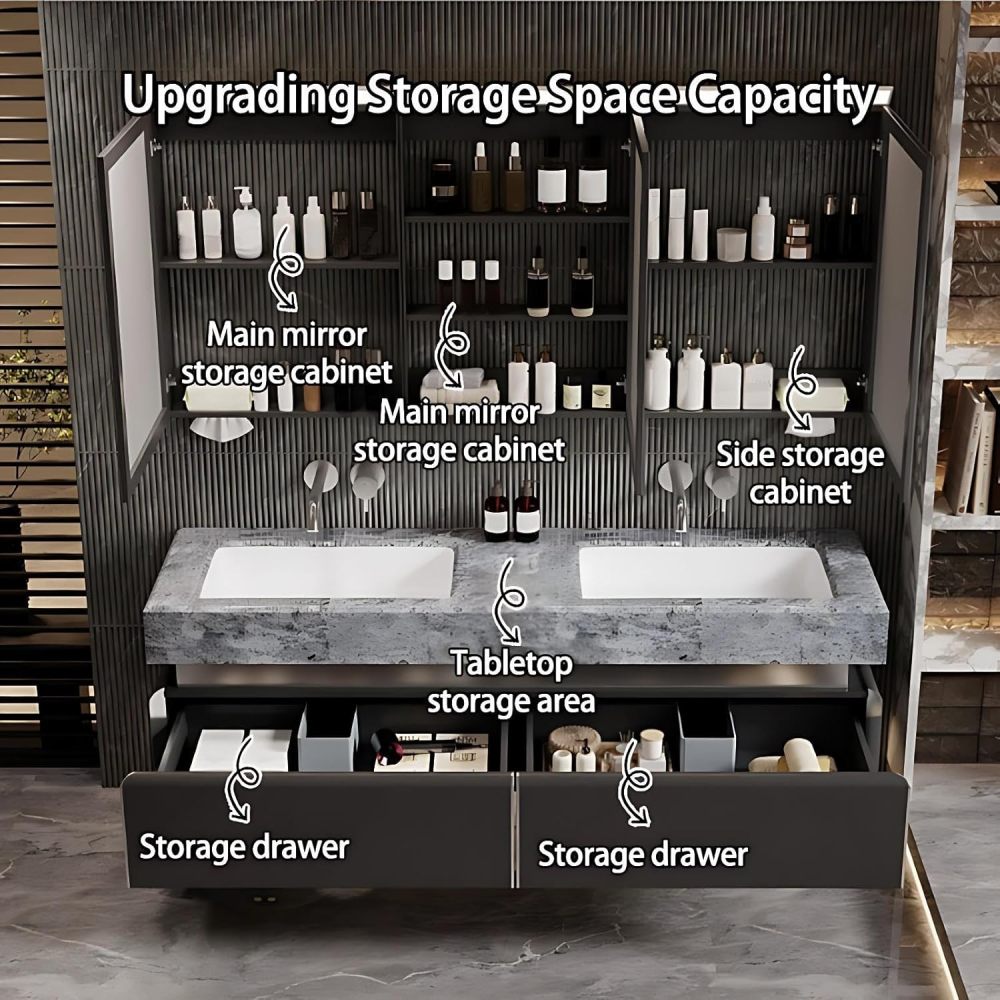 92IN Double Sink Bathroom Vanity - Modern Bathroom Vanity with Smart Defog Mirror, Floating Bathroom Sink Cabinet with 2 Drawers, Complete Accessories, No Assembly Required, Mirror