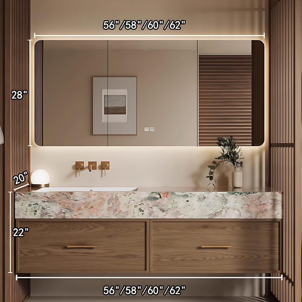 58IN Bathroom Vanity with Sink - Solid Wood Bathroom Vanity with Multiple Storage Area, Includes Smart Defog Mirror, One-Touch Defog & Lighting, No Assembly Required, Wood