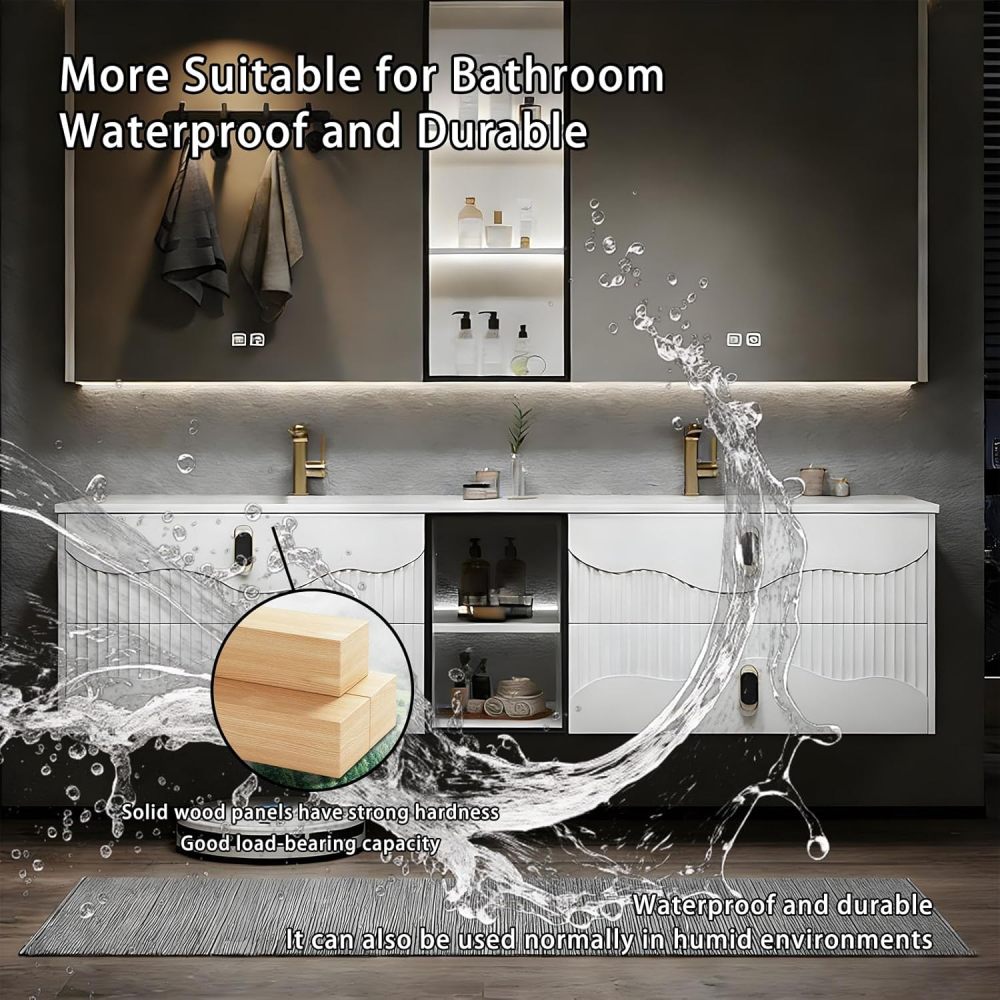 102IN Double Sink Bathroom Vanity - Modern Bathroom Vanity with Smart Defog Mirror, Floating Bathroom Sink Cabinet with 4 Drawers & Seamless Sink, No Assembly Required, Grey
